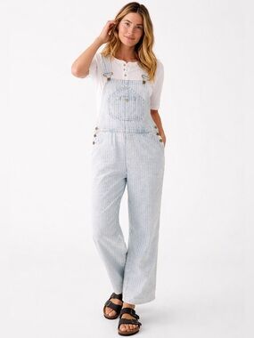 Faherty Topsail Railroad Stripe Overalls Utility Denim Blue White Herringbone S